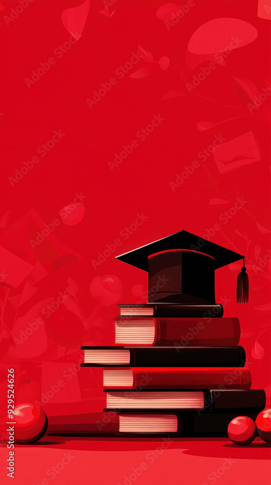 Poster a red background with a stack of books and a cap on top