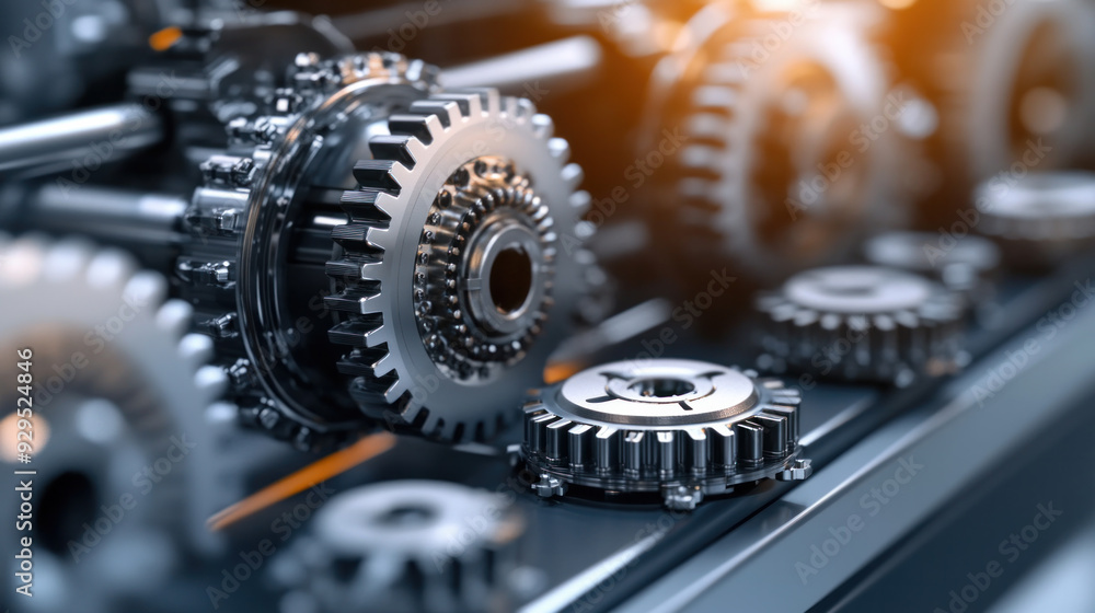 Poster a row of gears are shown in a close up, with the center gear being the largest. the gears are all di