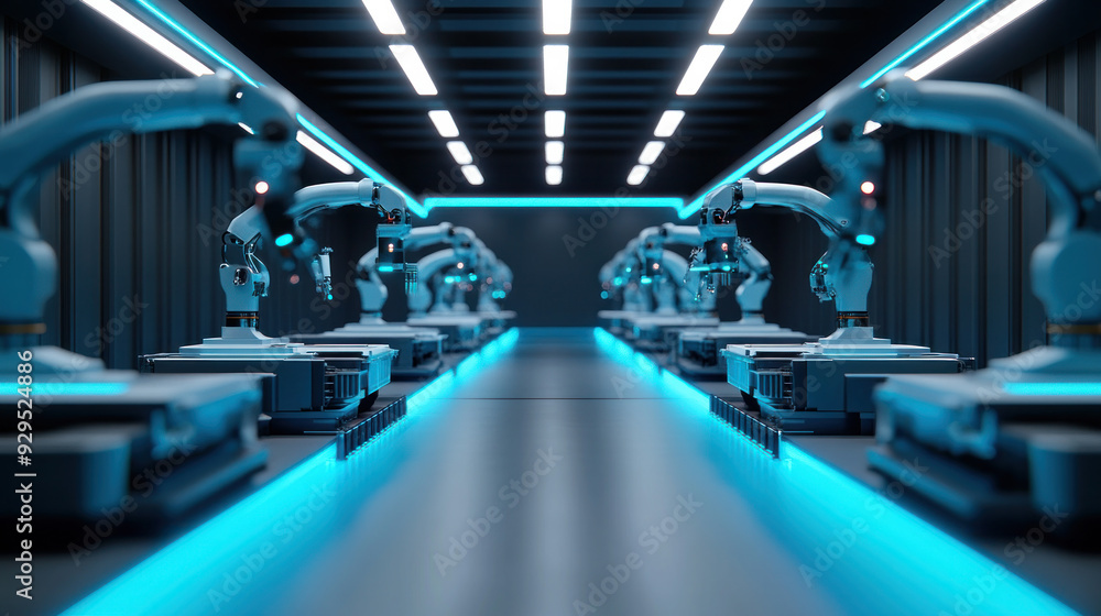 Poster a futuristic factory with robots in blue and white. the robots are lined up in rows, and the room is