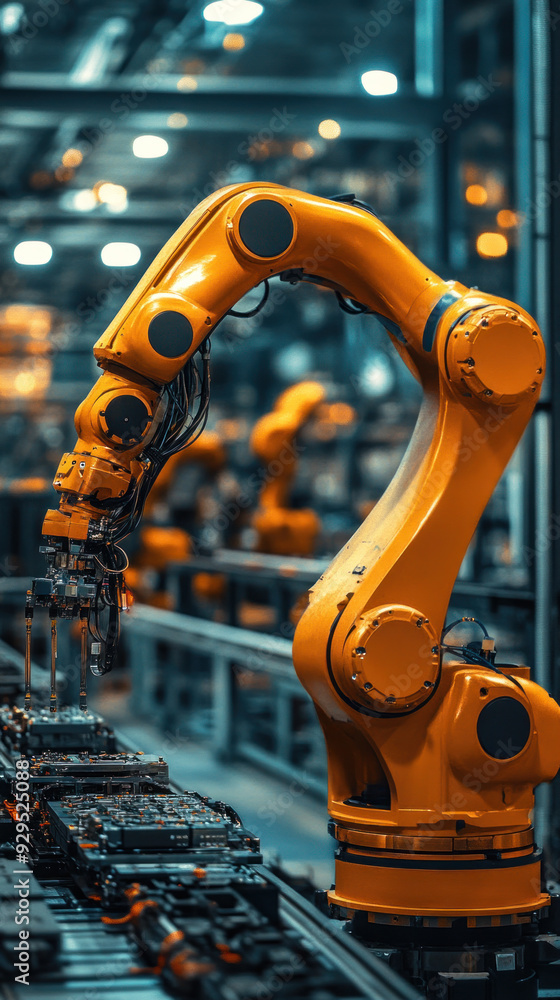 Poster a robot is working on a car in a factory. the robot is orange and has a long arm. the scene is indus