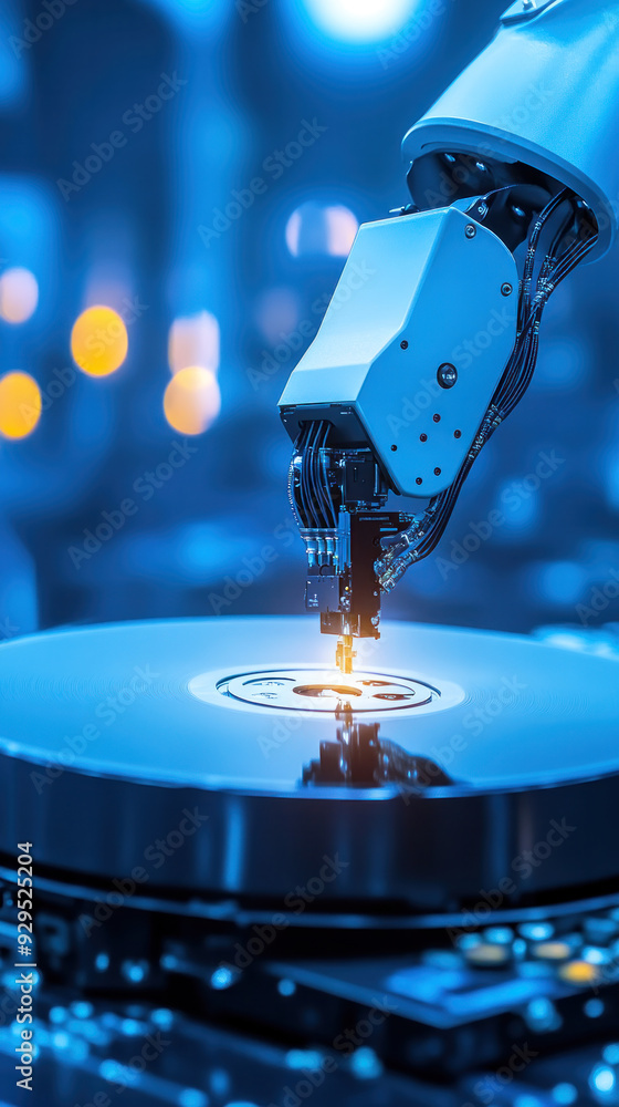 Poster a robot is working on a blue disk. the robot is white and has a metallic appearance. the disk is sur