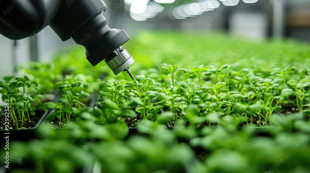 Poster a robot is spraying a field of green plants. the plants are in rows and are all the same size