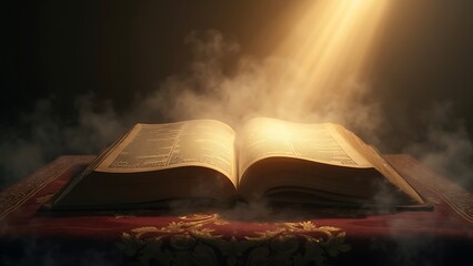 An open holy book, symbolizing spiritual wisdom and religious devotion. The pages are elegantly displayed, inviting contemplation and reverence. Perfect for themes of faith and guidance.