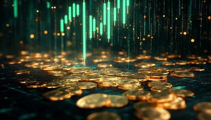 Flowing Golden Coins with Rising Green Candle Chart, Symbolizing Continuous Financial Gain