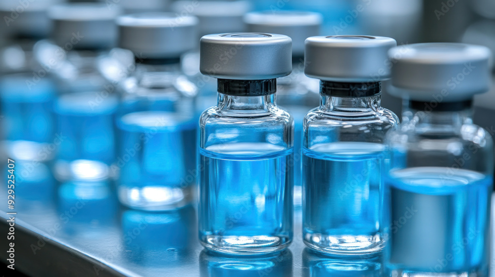 Poster a row of blue bottles with a silver cap. the bottles are lined up on a table
