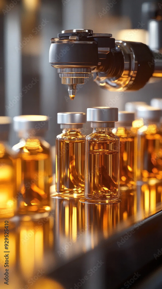 Aufkleber a machine is pouring liquid into bottles. the bottles are all the same color and are lined up on a t