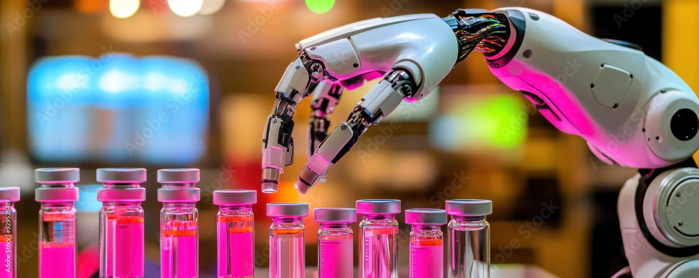 Poster a robot is reaching for a bottle of medicine. the robot is white and has a robotic arm. the bottles 