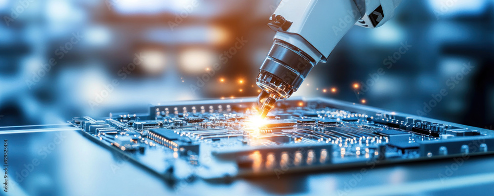 Aufkleber a robot is using a microscope to look at a piece of electronic equipment. concept of precision and a
