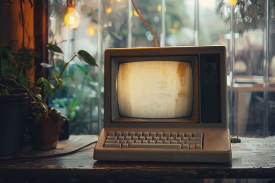 Vintage computer sits atop a worn wooden table