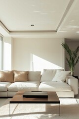 Fototapeta premium Minimalist Living Room with Beige Decor and Coffee Table