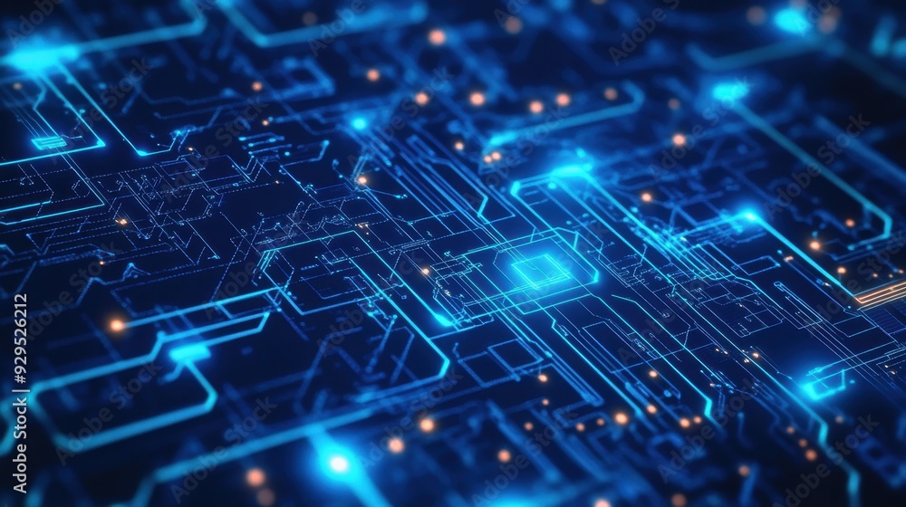 Poster abstract digital circuit board design with glowing blue lines and nodes.