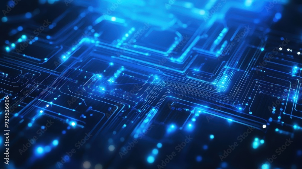 Poster abstract digital circuit design with glowing blue lines and dots.