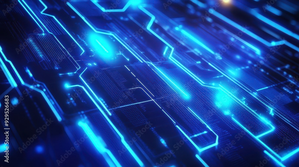 Poster abstract digital circuit design with glowing blue lines and nodes.