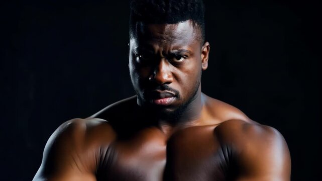 Confident african american man with strong muscles poses in gym setting, showcasing commitment to fitness and healthy lifestyle