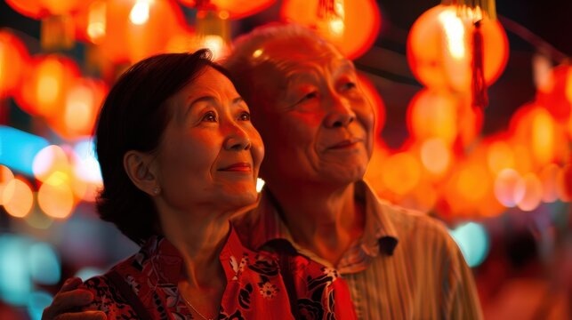 A couple of older people are standing together and looking at a lighted display