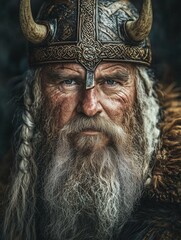 Close-up portrait of an elder Viking warrior with horned helmet and braided beard