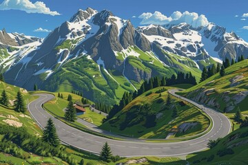 Fototapeta premium A scenic winding road in the mountains with lush greenery and rolling hills
