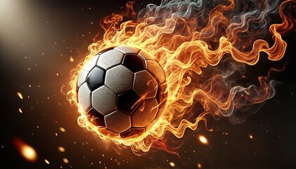 Fototapeta premium Fiery soccer ball surrounded by flames and smoke in motion against a dark background