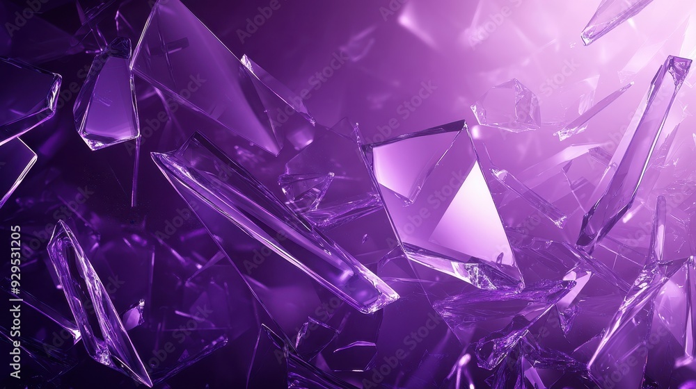 Poster abstract image of shattered glass pieces in shades of purple, creating a dynamic visual effect.