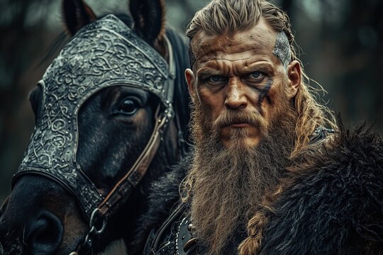 Intense Viking warrior with braided beard standing next to a horse, both with detailed armor