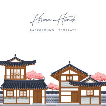Korean hanok background. Korean traditional house with stone wall fence and cherry blossom trees.