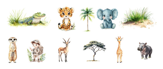 Set of cute watercolor animals on transparent background.