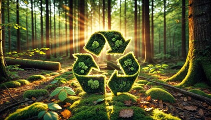 Mossy recycling symbol illuminated by sunbeams in a forest, promoting environmental conservation