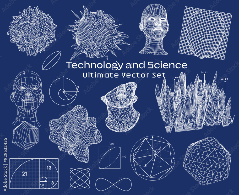 Poster large set of 3d vector illustrations related to scientific technology, showing abstract shapes and s