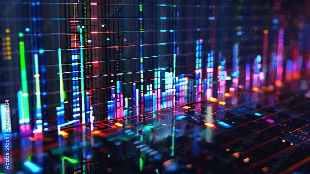 Aufkleber Vibrant sound waves pulse on a digital screen, illustrating audio frequencies through colorful visualizations in a dynamic arrangement.