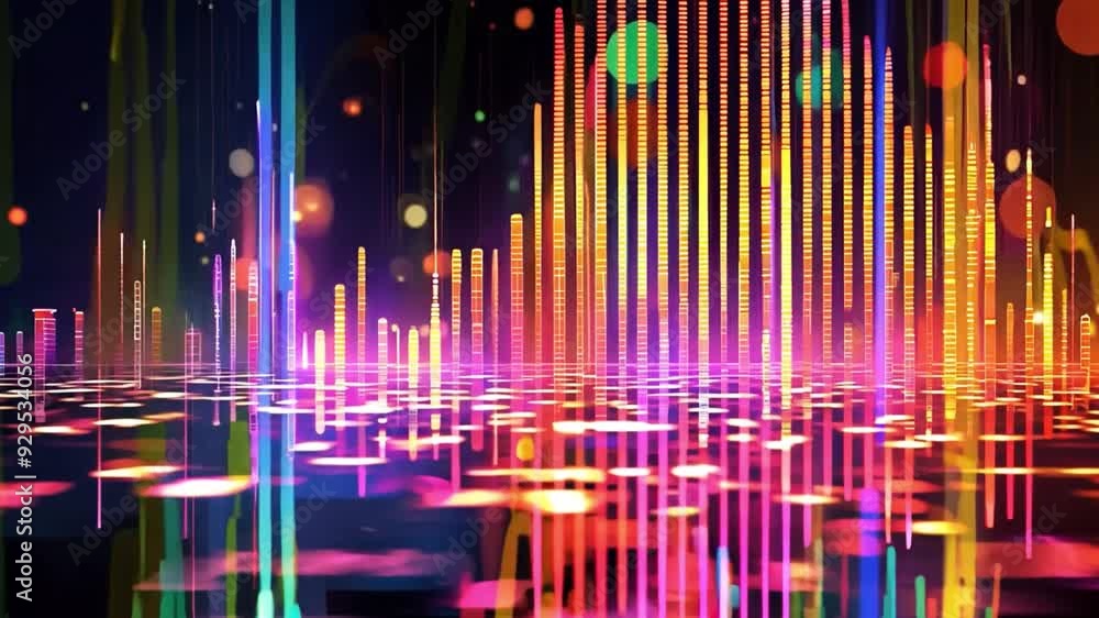 Poster A dynamic audio waveform glows in vibrant colors, reflecting lights from a lively atmosphere, creating an energetic mood at a music event.