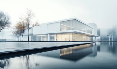 Fototapeta premium Modern Cultural Center with Sleek Glass and Metal Surfaces in Cinematic Light