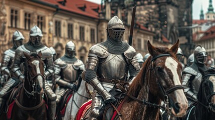Fototapeta premium A group of armored men ride on the backs of horses, medieval battle scene