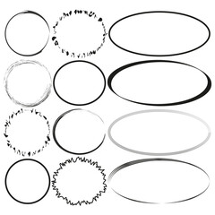 Oval and circle frames. Distressed and smooth lines. Abstract decorative borders. Vector shapes set.