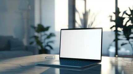 Fototapeta premium Laptop with blank screen on a table in an office. Modern laptop mockup