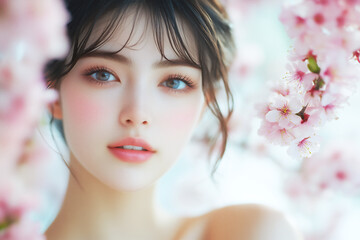 Naklejka premium 桜の花に包まれた美しい女性