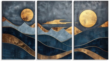 Generate a set of three abstract geometric wall art panels in blue and gold. Incorporate bold shapes and modern design elements, ensuring a consistent visual theme across all panels