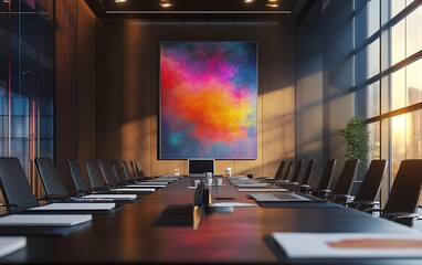 Modern Meeting Room with Conceptual Artwork, Neatly Arranged Table, Cinematic Lighting, HD Quality, Vivid Style