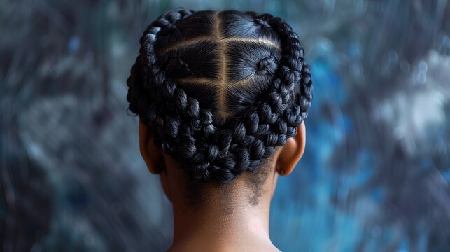 A person with a double braided bun, featuring two braids wrapped into a stylish bun at the back of the head
