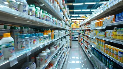 Customers browse a well-stocked aisle filled with various vitamins and supplements in a brightly lit pharmacy.