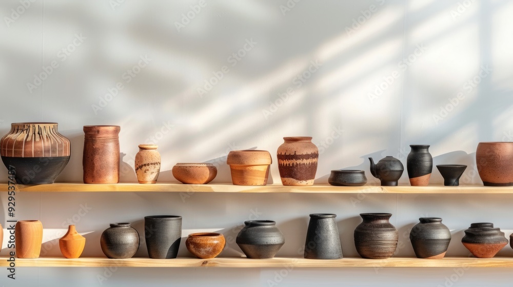 Poster multiple elegant handcrafted ceramic vases neatly arranged on a shelf