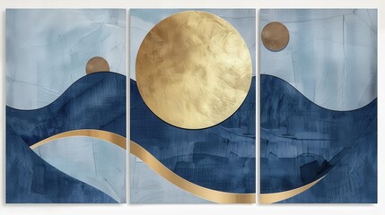 Produce a high-resolution triptych of abstract geometric wall art featuring blue and gold shapes. Aim for a modern aesthetic with geometric precision and a unified visual theme across all panels