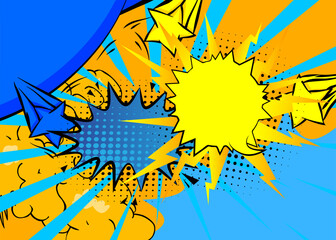 Naklejka premium Cartoon Yellow and Blue background, comic book backdrop. Retro vector comics pop art design.