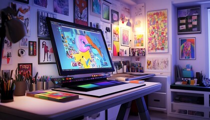 Creative Workspace with Digital Drawing Tablet and Conceptual Art in Vibrant Atmosphere