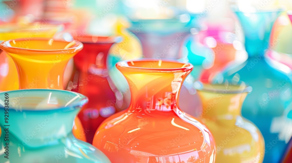 Poster assorted colorful glass vases displayed side by side on a surface