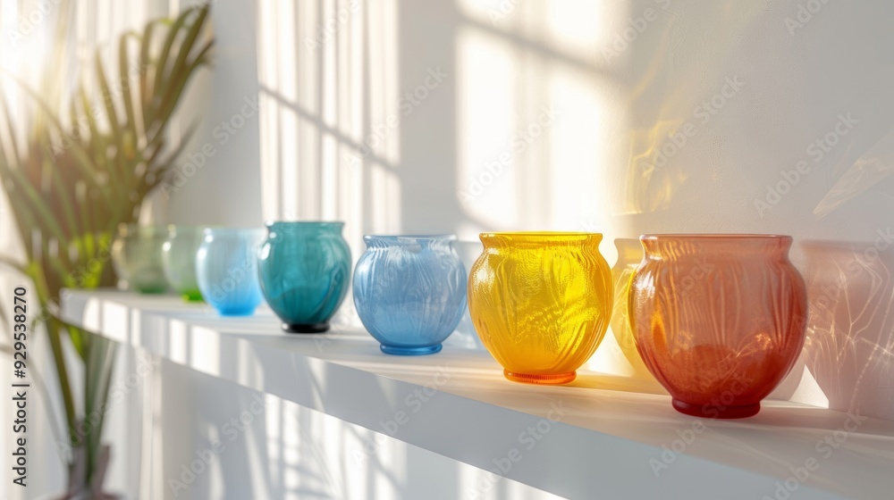 Poster assorted glass vases in multiple colors lined up neatly on a clean white shelf