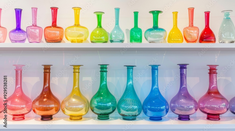 Poster a row of multicolored glass vases arranged neatly on a white shelf
