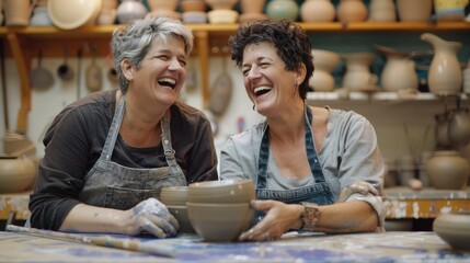 LGBTQ couple taking a pottery class, creating unique pieces and laughing together, with a creative and hands-on environment