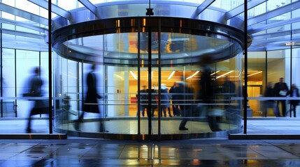 A group of individuals walking in front of a modern glass building with a revolving door