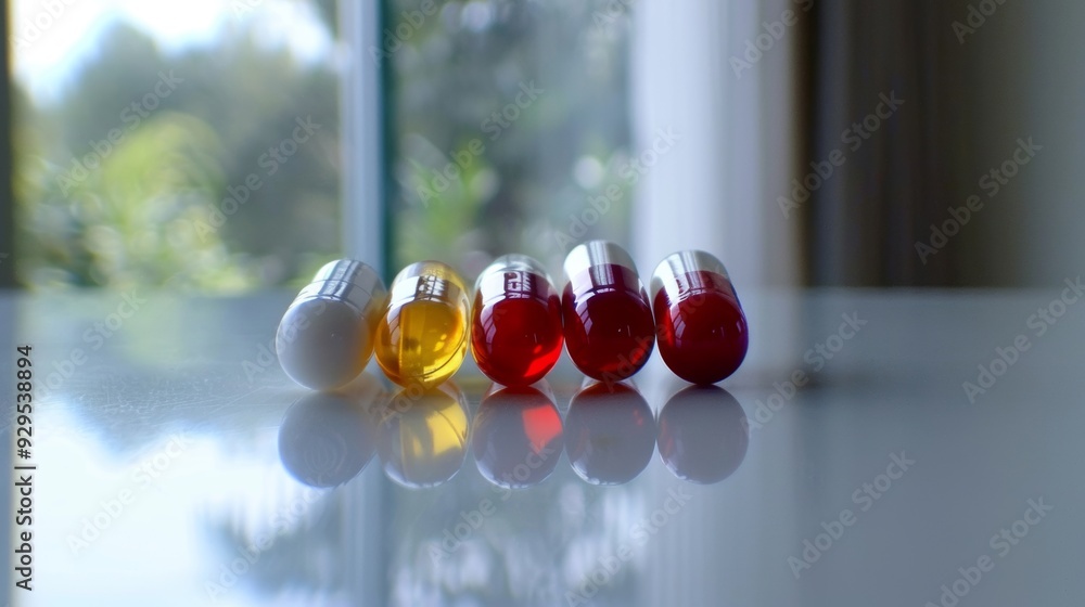 Poster different colored bottles are lined up neatly on a table surface