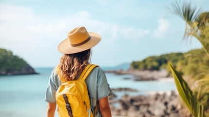 A person with a yellow backpack and hat standing near a beach view